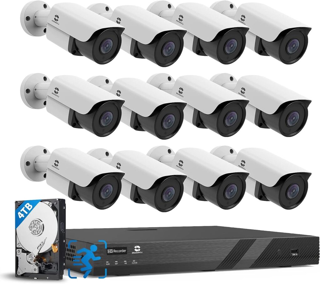 GWSECU 16 Channel Security Camera System, 4K 8MP 16 Channel NVR with 4TB HDD, (12) Wired Outdoor Bullet 5MP IP PoE Cameras Outdoor Built-in Mic, 100Ft IR Nightvision,AI Person Detection, G51612P4B01